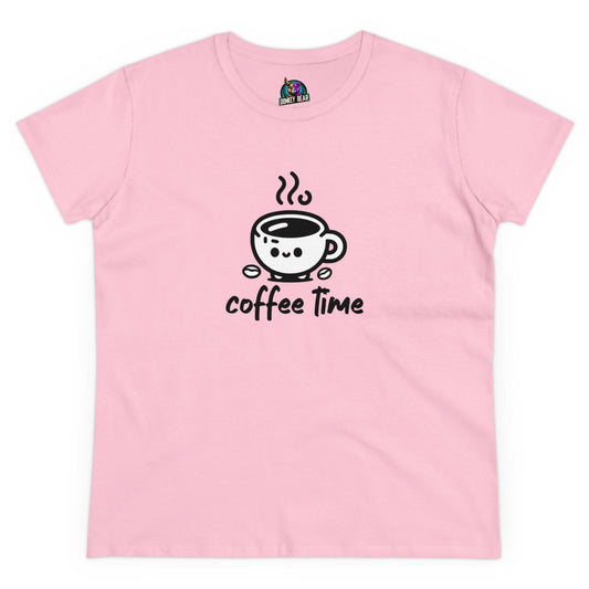 Pink "Coffee Time" T-shirt with cheerful coffee cup design.