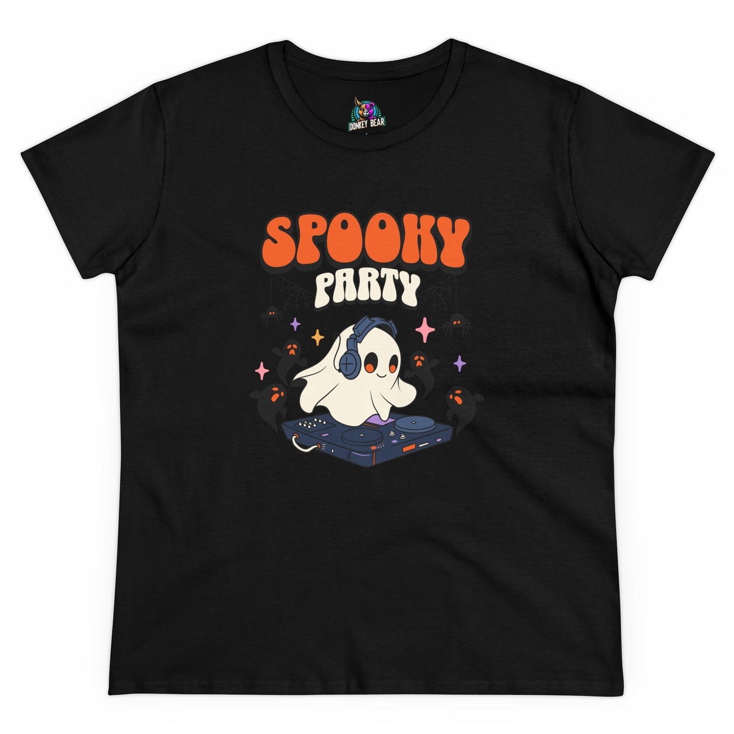 "Spooky Party" T-shirt with ghost DJ design for Halloween.