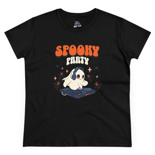 "Spooky Party" T-shirt with ghost DJ design for Halloween.