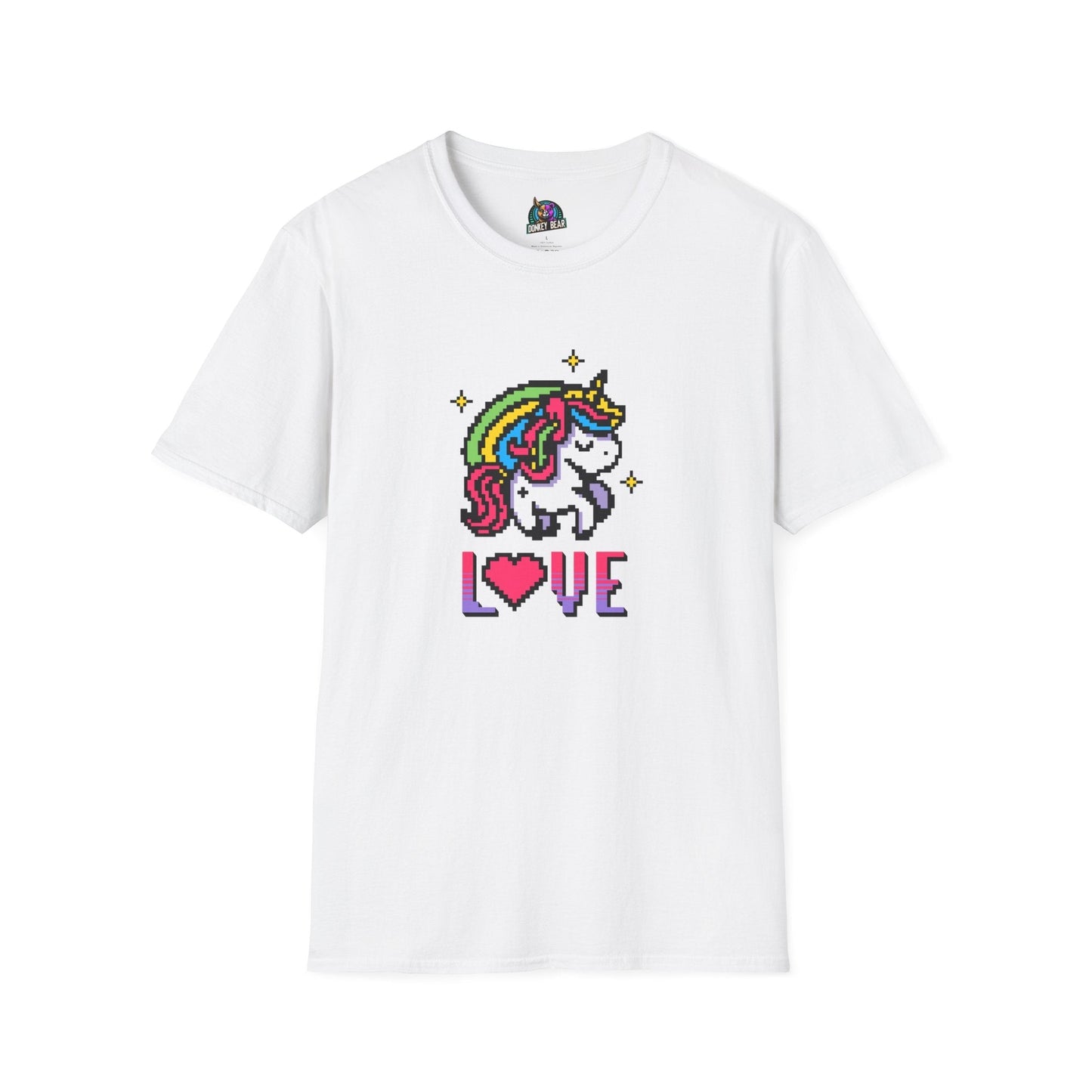 8-Bit Love Unicorn T-Shirt with pixelated design on white fabric.