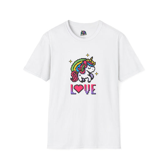 8-Bit Love Unicorn T-Shirt with pixelated design on white fabric.
