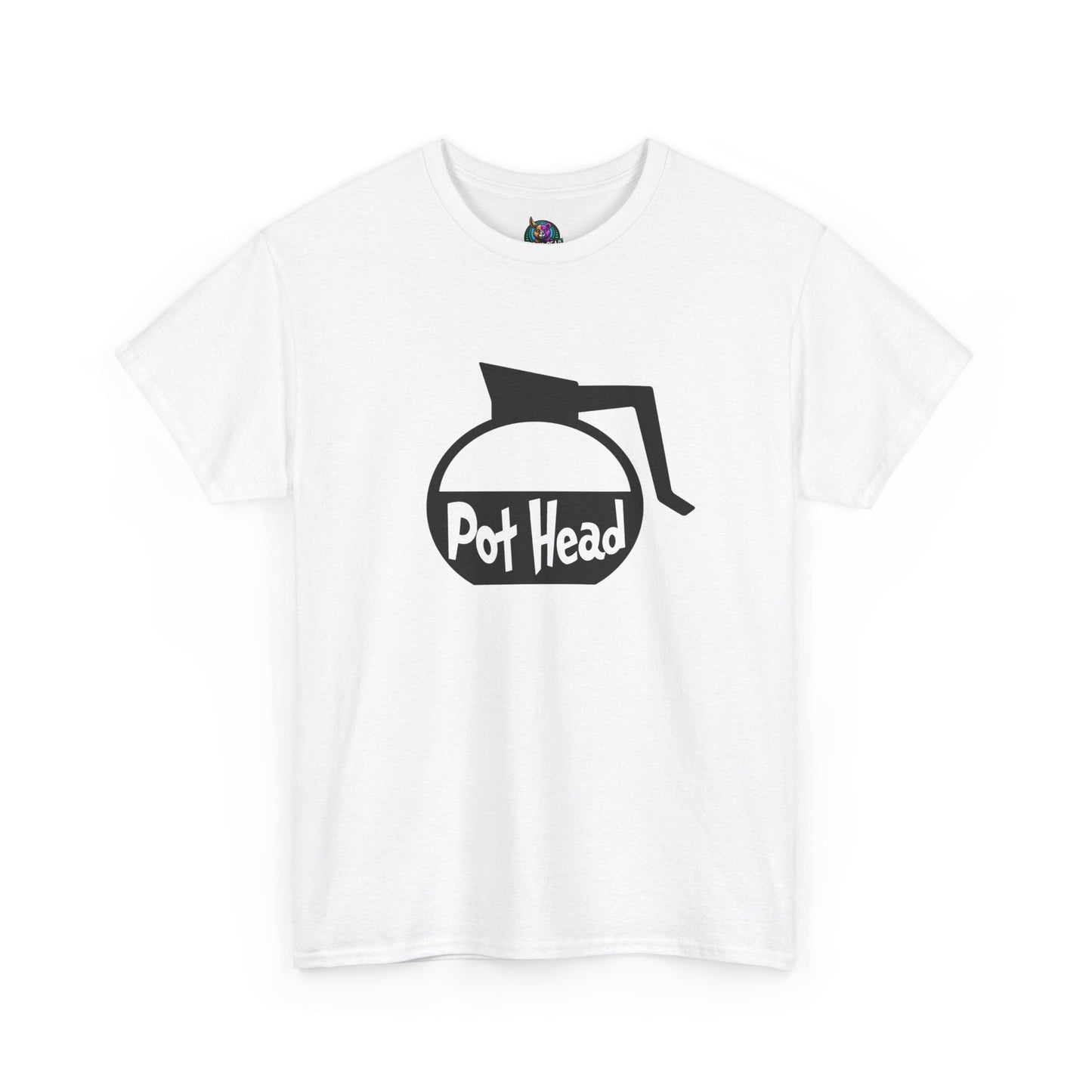White "Pot Head" T-shirt with coffee pot design for coffee lovers.