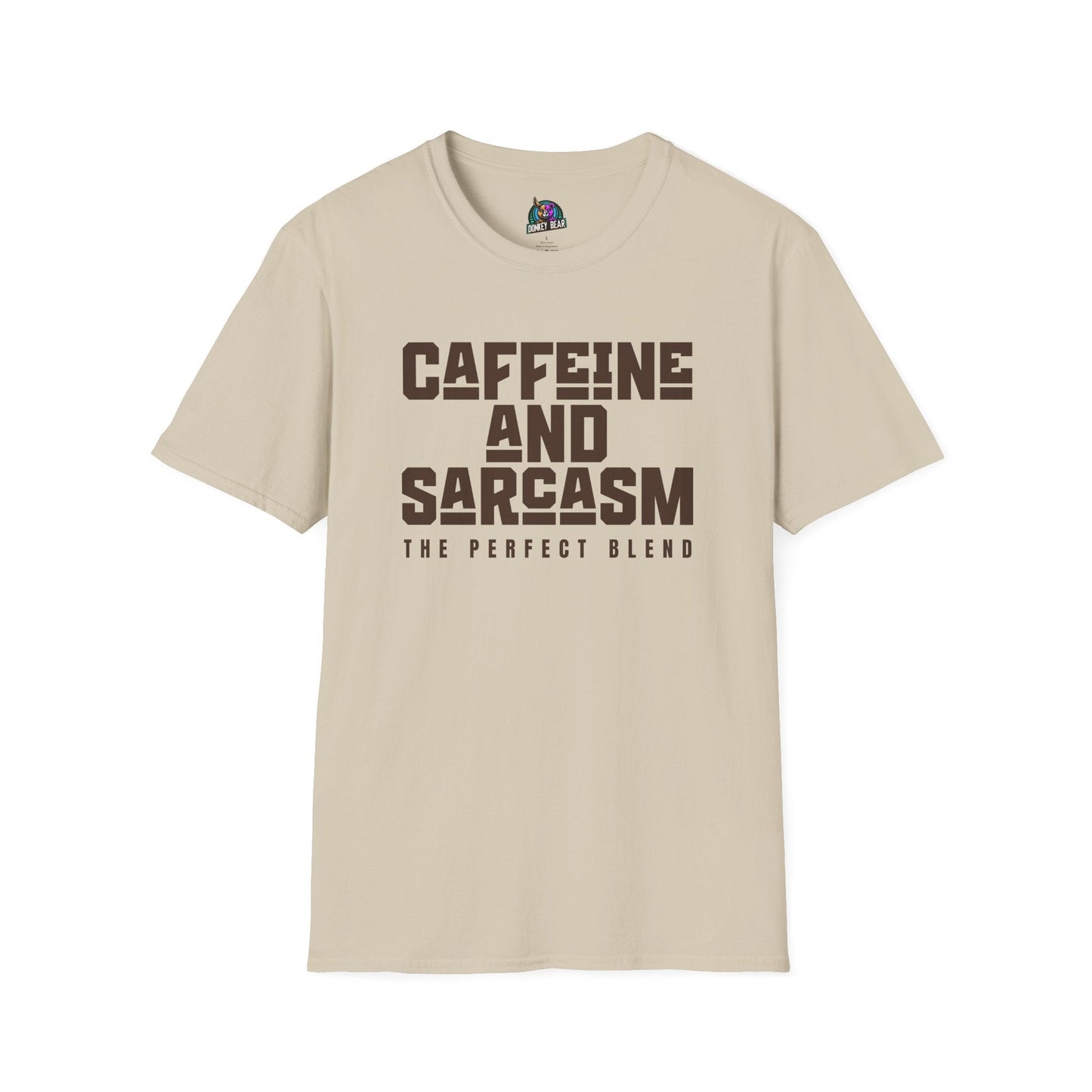 Caffeine and sarcasm themed beige t-shirt with text "The Perfect Blend".