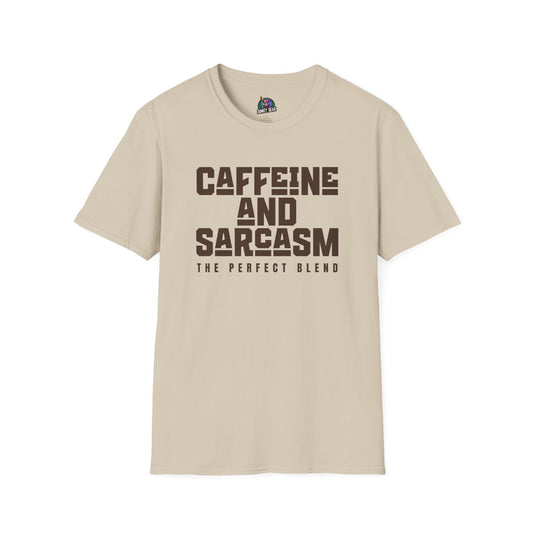 Caffeine and sarcasm themed beige t-shirt with text "The Perfect Blend".