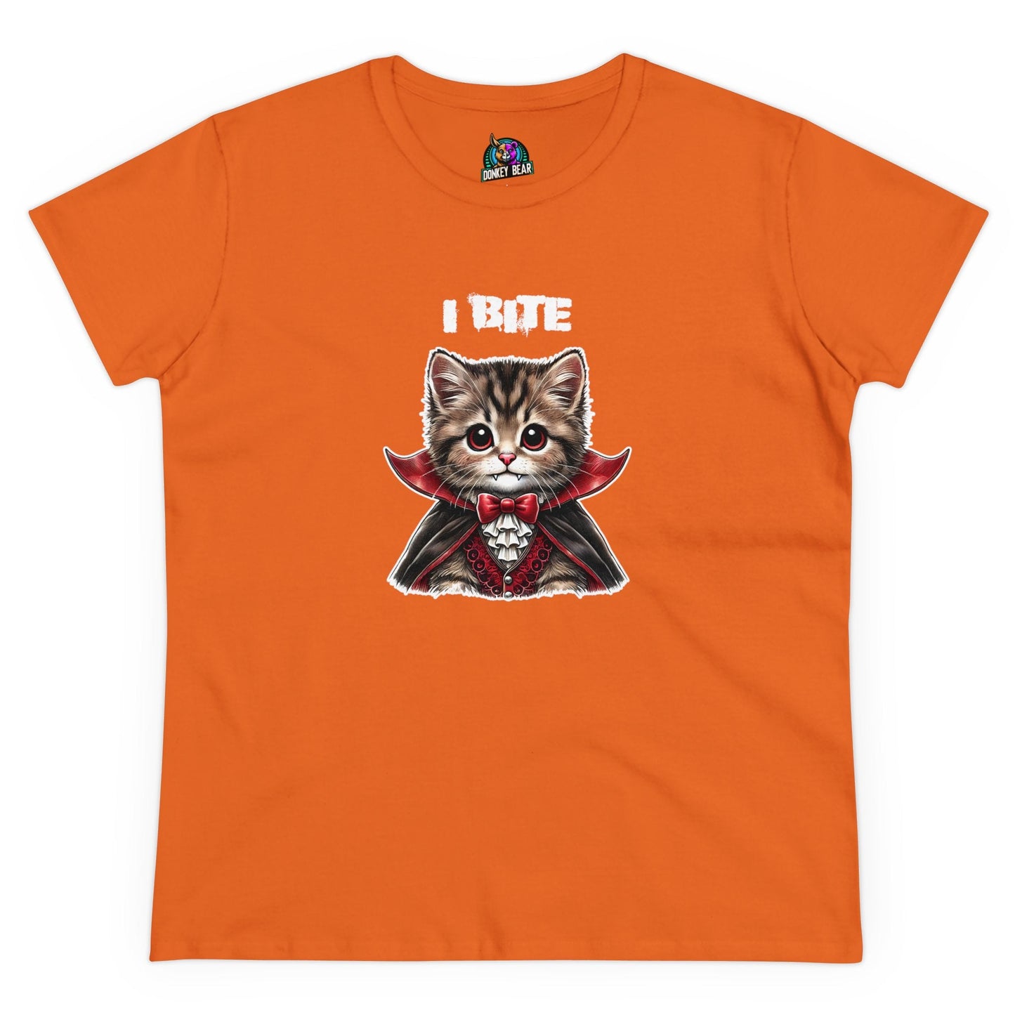 Women's "I Bite" T-shirt with Dracula cat for Halloween.