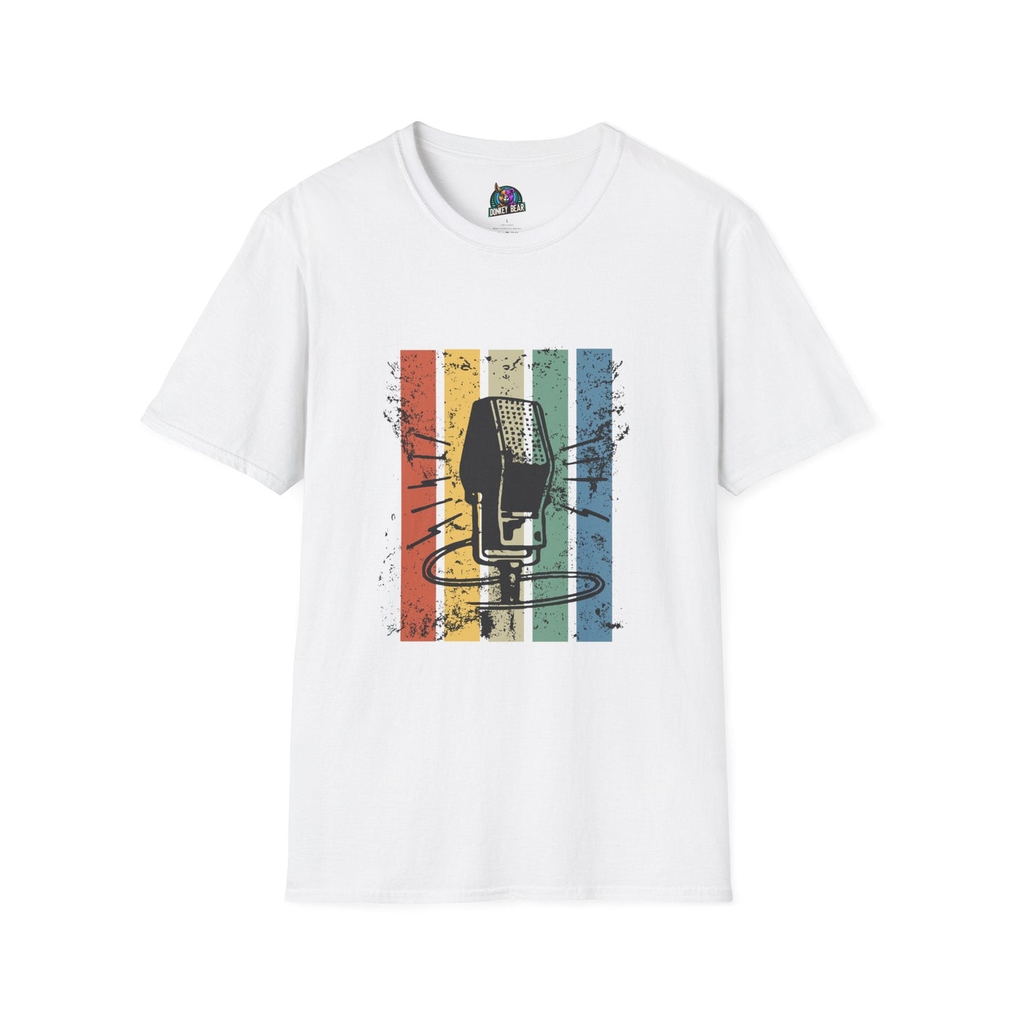 Vintage microphone design on white T-shirt, perfect for music lovers and performers.