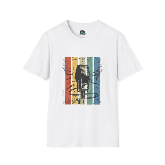 Vintage microphone design on white T-shirt, perfect for music lovers and performers.