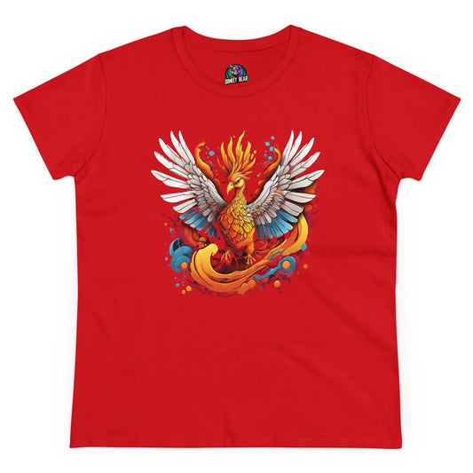 Red T-shirt with vibrant phoenix design symbolizing strength and transformation.