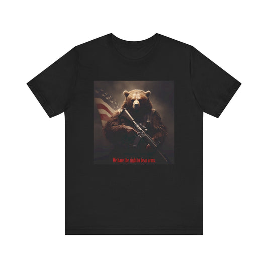 Bear Arms T-shirt featuring humorous bear with firearm and American flag.