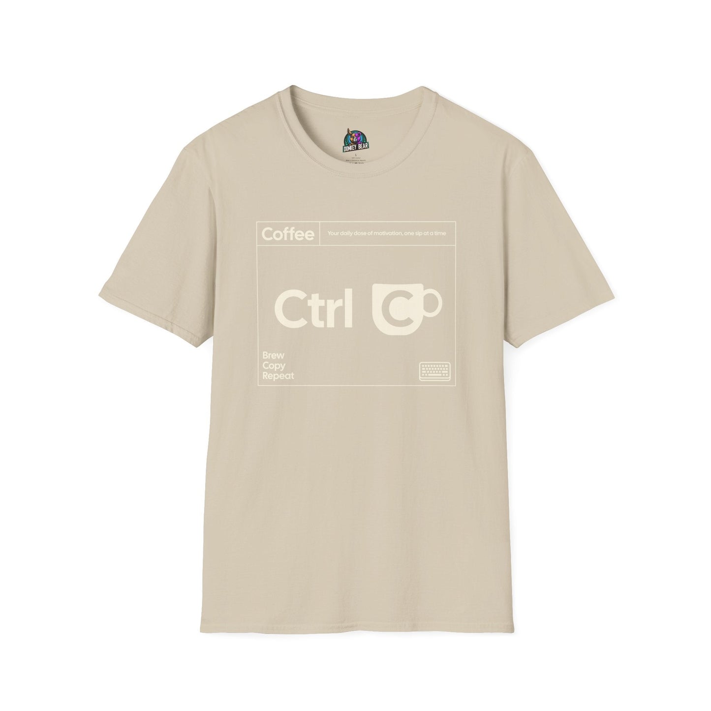 Beige "Ctrl + C Coffee" T-shirt featuring tech humor design for coffee lovers and keyboard warriors.