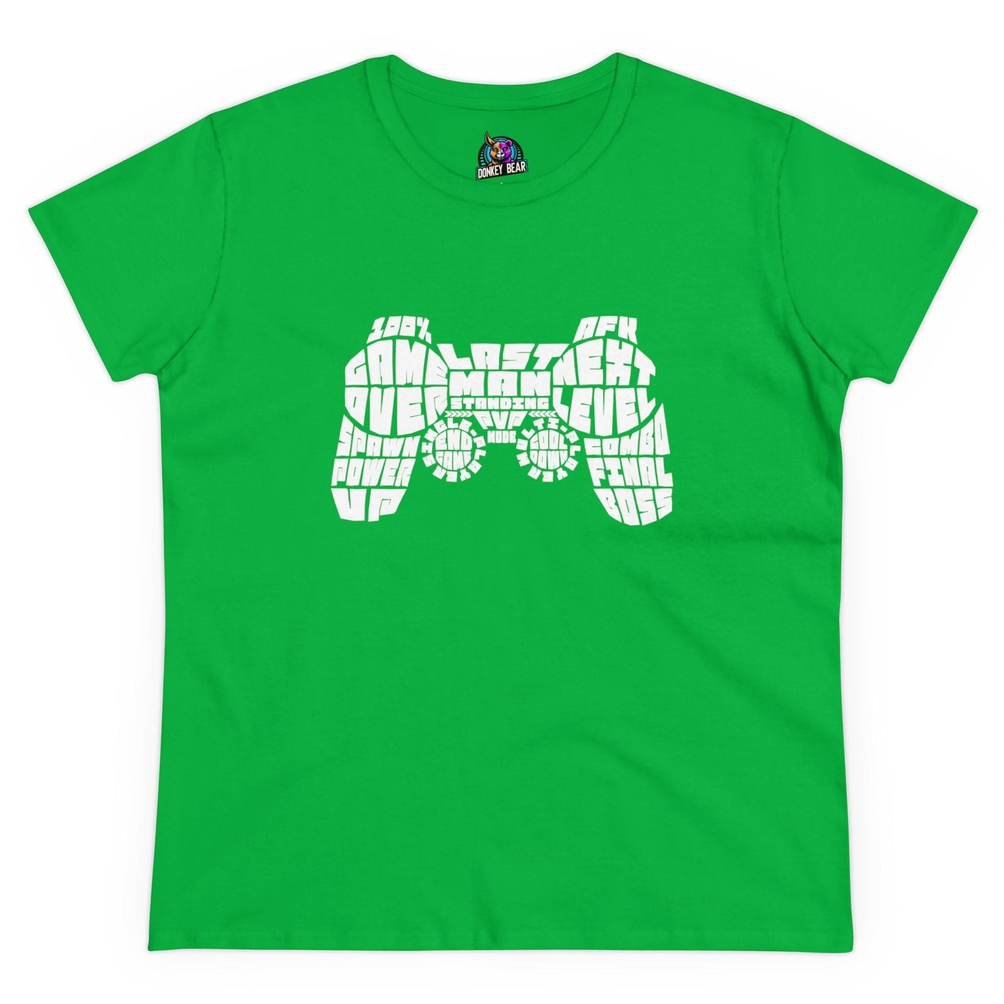 Green t-shirt with word art forming a gamer controller.