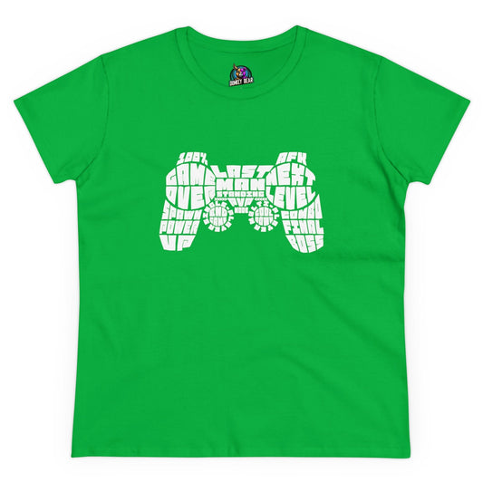 Green t-shirt with word art forming a gamer controller.