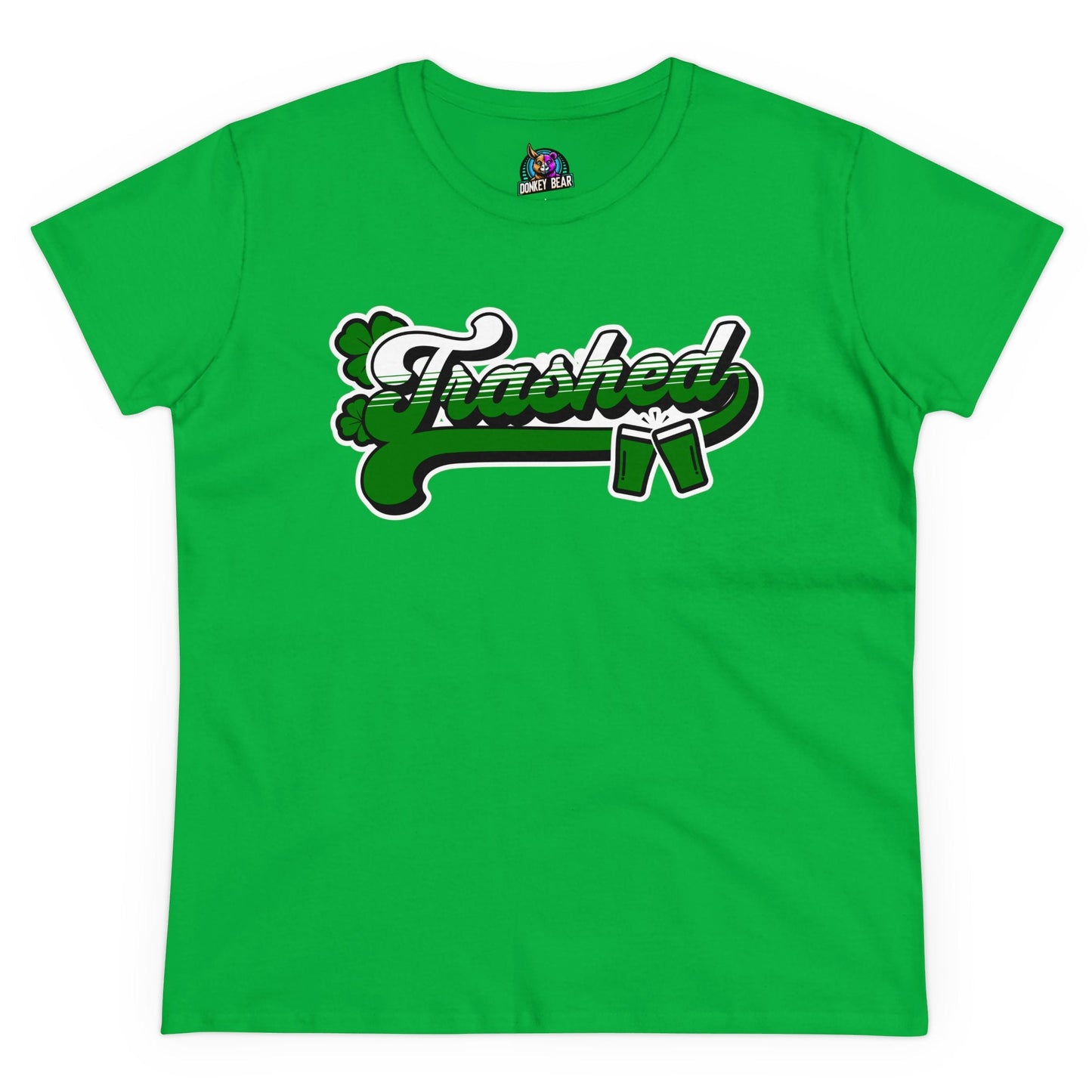 Green "Trashed" St. Patrick’s Day T-shirt with shamrock design.