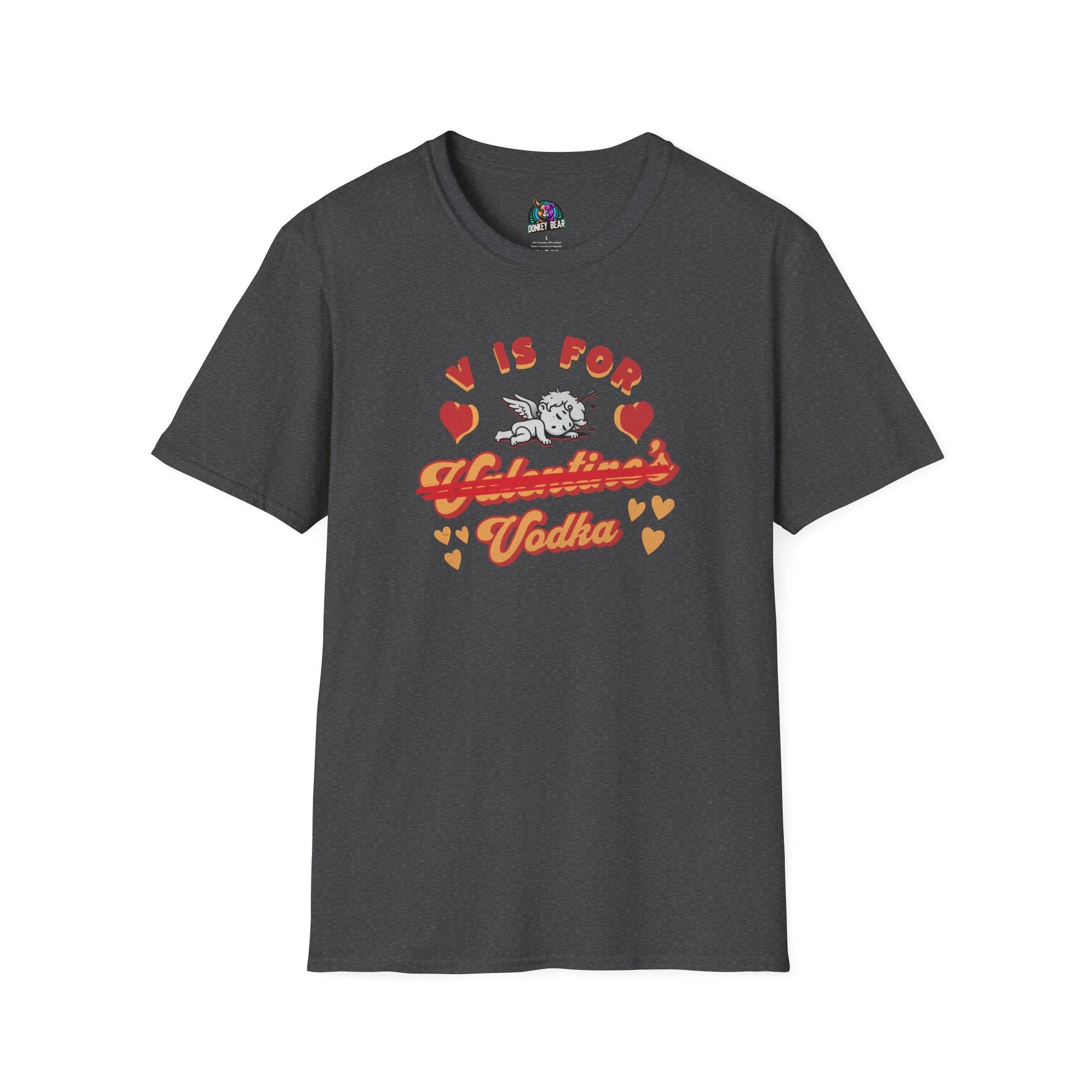 "V is for Vodka" T-shirt with humorous design promoting anti-Valentine's Day vibes.
