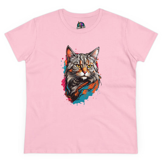 Pink T-shirt with colorful, artistic cat design splash.