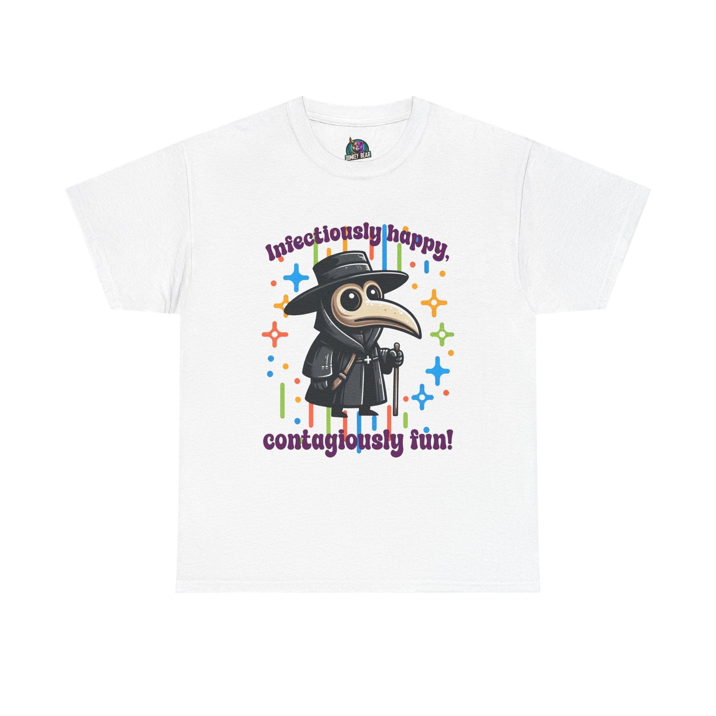 Contagiously fun t-shirt with playful design and joyful message.