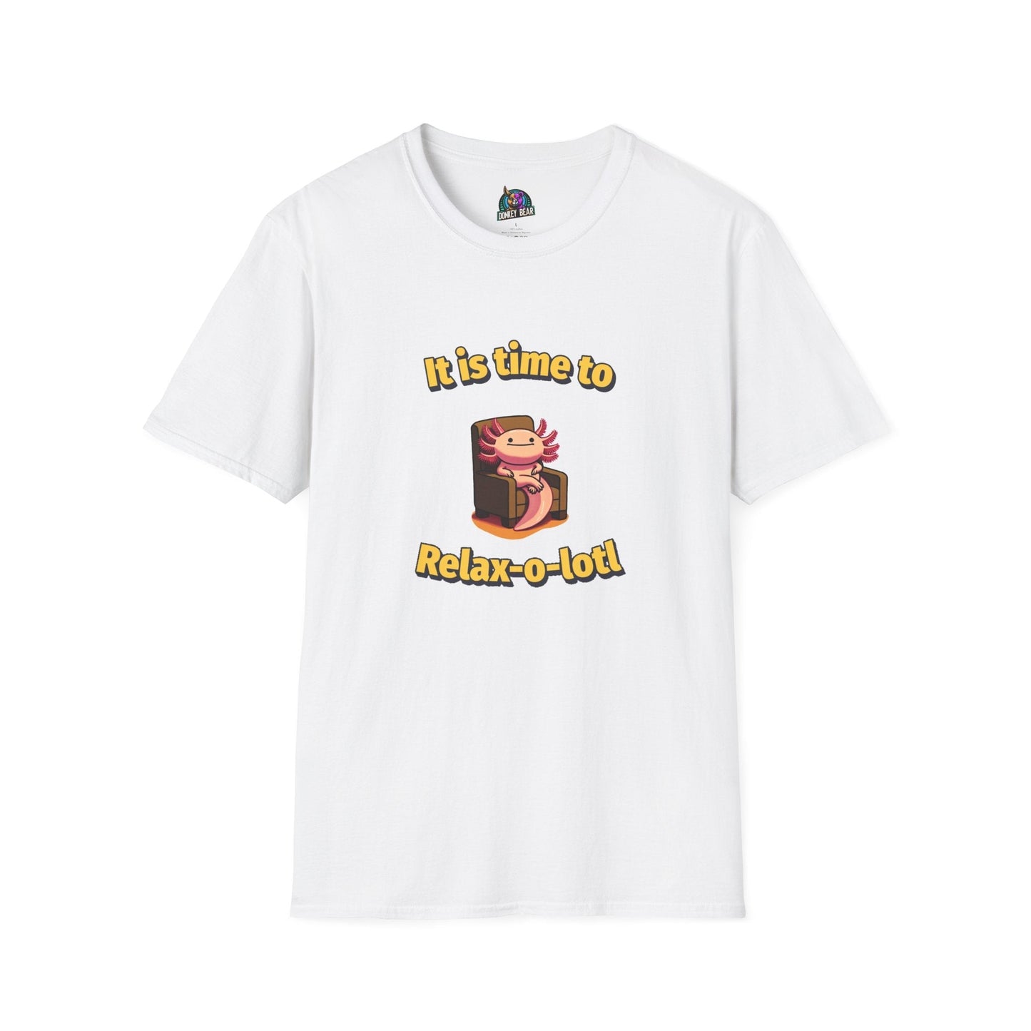 Relax-o-Lotl T-Shirt featuring a cute axolotl lounging in a chair, perfect for relaxation lovers.