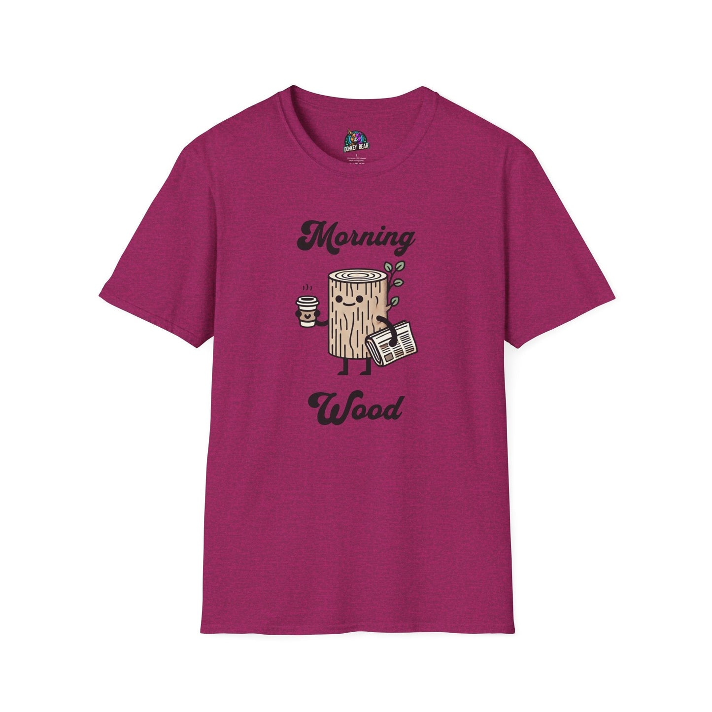 Morning Wood T-shirt with tree stump design and playful pun.