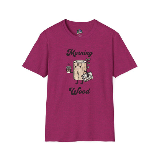 Morning Wood T-shirt with tree stump design and playful pun.