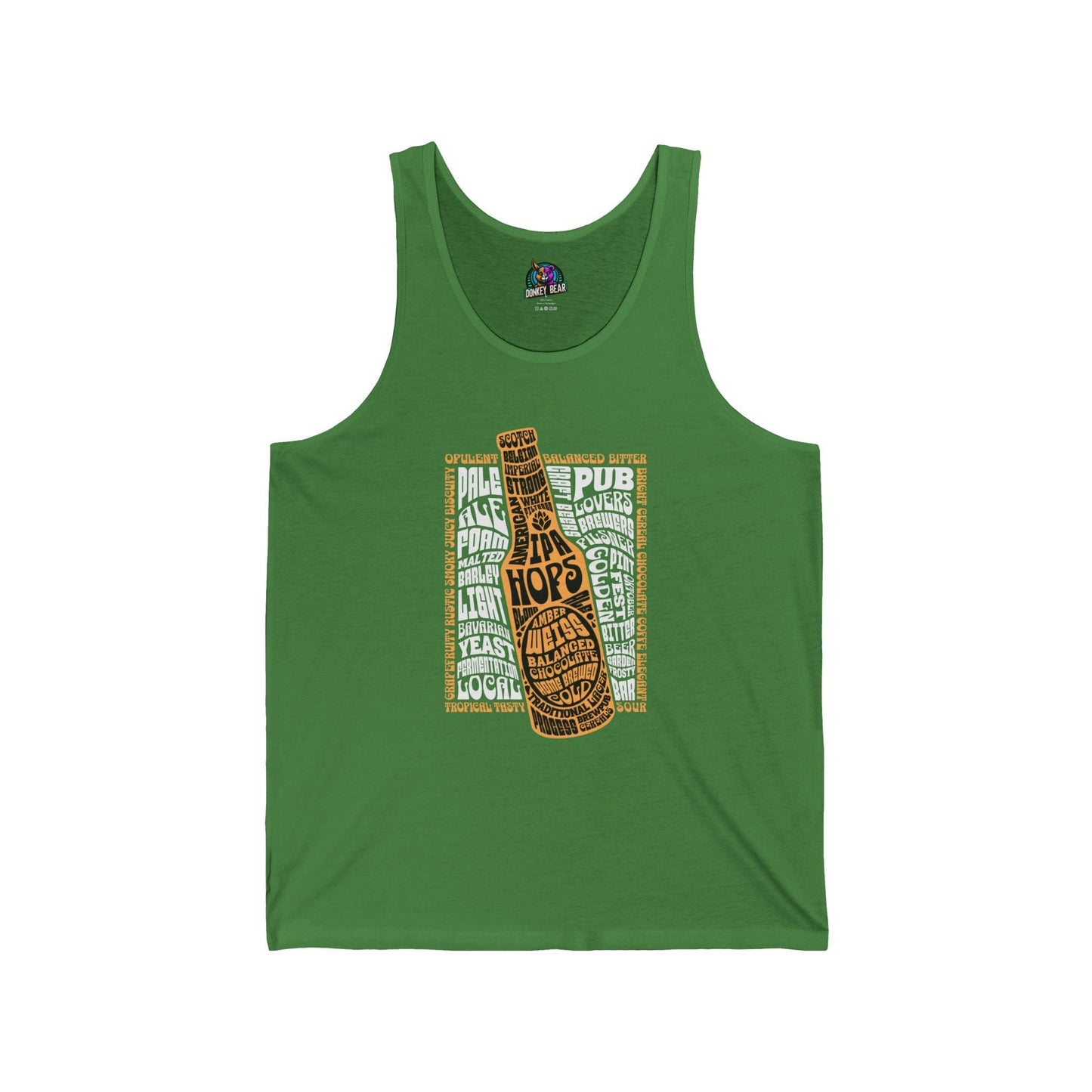 Green beer lover's tank top with beer bottle graphic, perfect for casual outings.