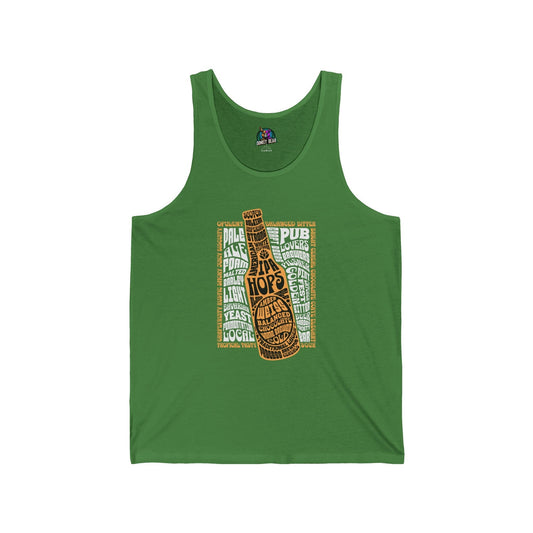 Green beer lover's tank top with beer bottle graphic, perfect for casual outings.