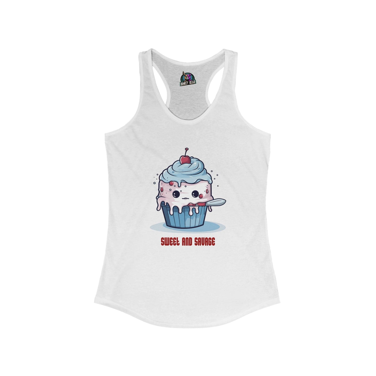 Tank top with cupcake and knife design, "Sweet and Savage" text.