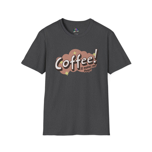 Graphic "Coffee Makes Me Poop" T-shirt with humorous design.