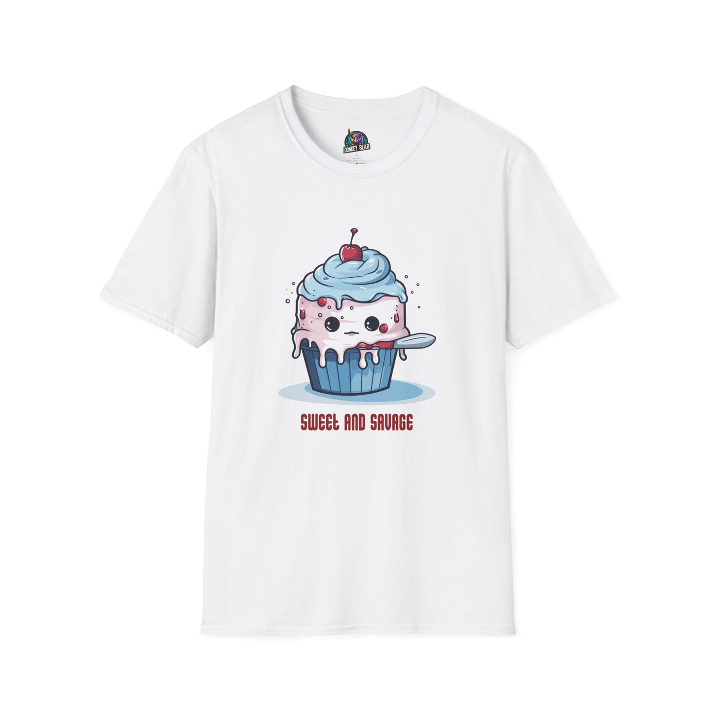 Sweet and Savage T-shirt featuring cupcake with knife design.