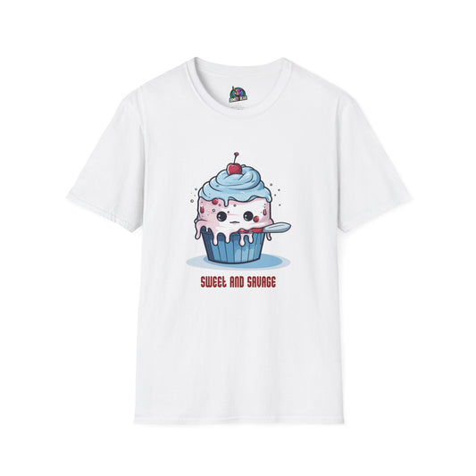 Sweet and Savage T-shirt featuring cupcake with knife design.