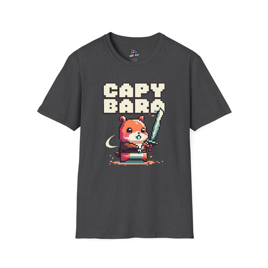 Capybara with a sword graphic T-shirt showcasing wholesome chaos and unexpected badassery.