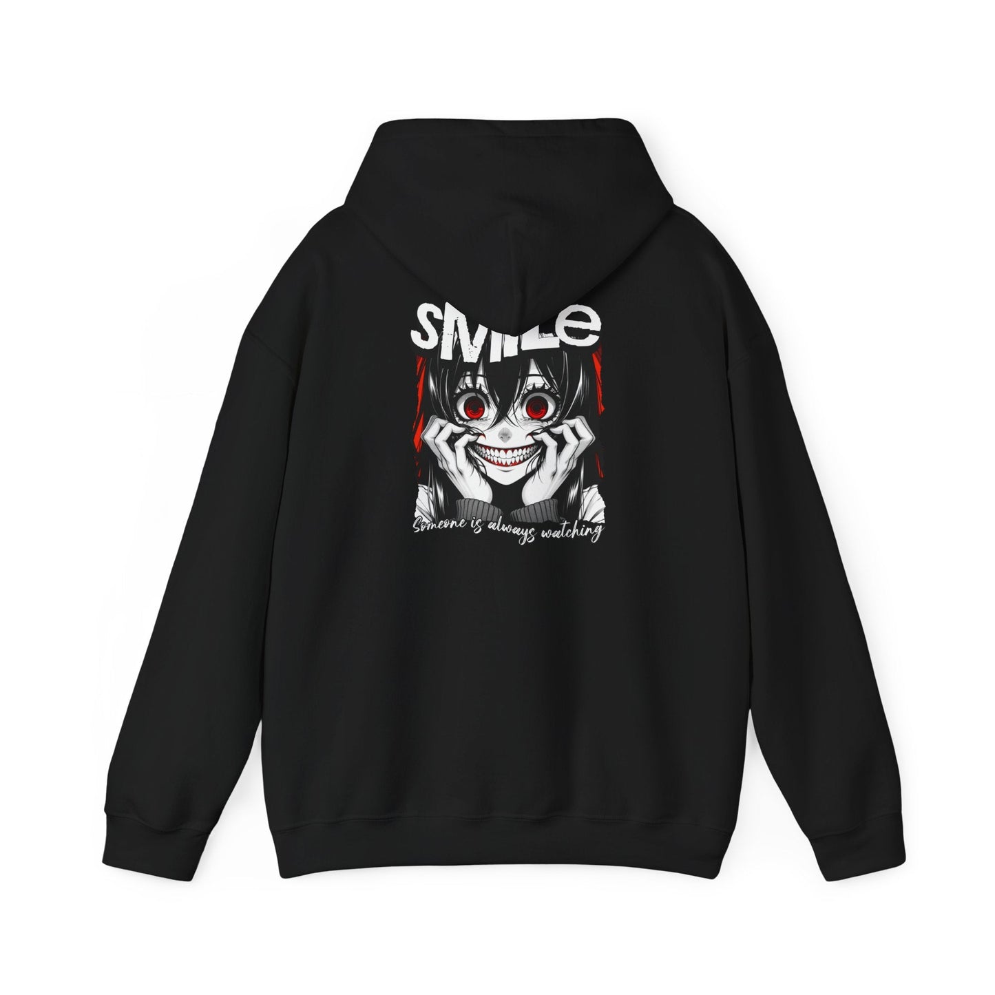 Creepy "Smile" hoodie with haunting design for horror fans.