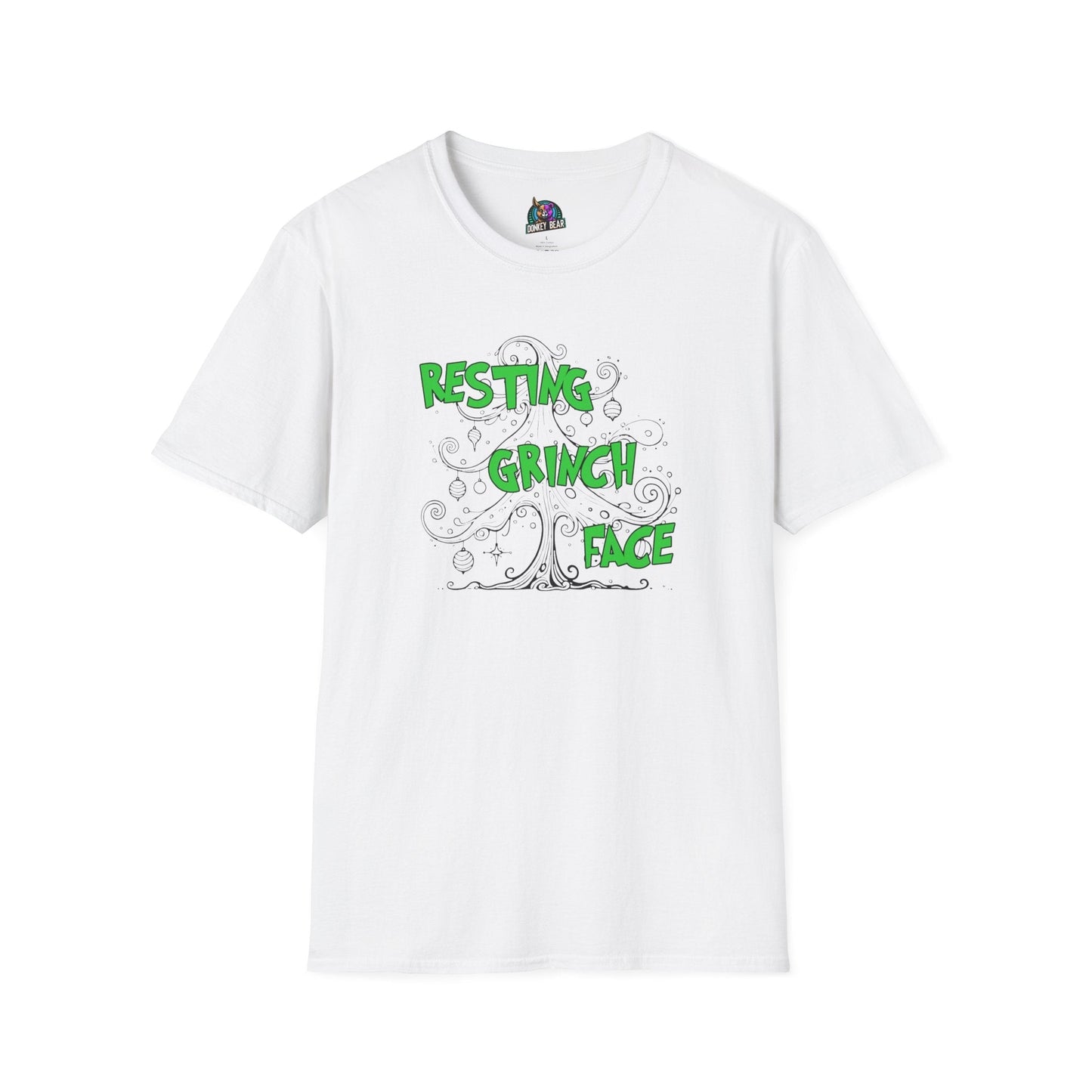 "Resting Grinch Face" T-shirt with swirly text design on white fabric.