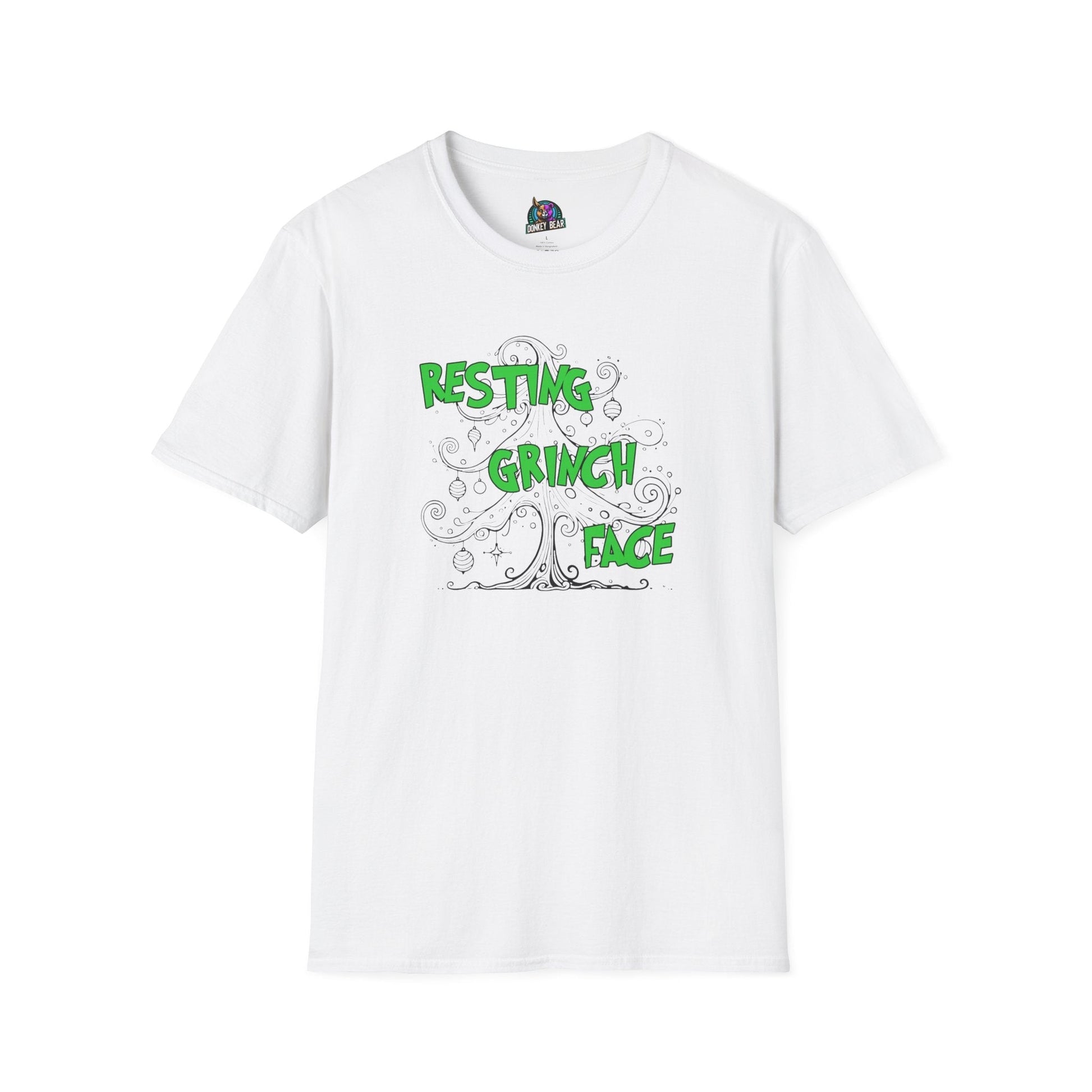 "Resting Grinch Face" T-shirt with swirly text design on white fabric.