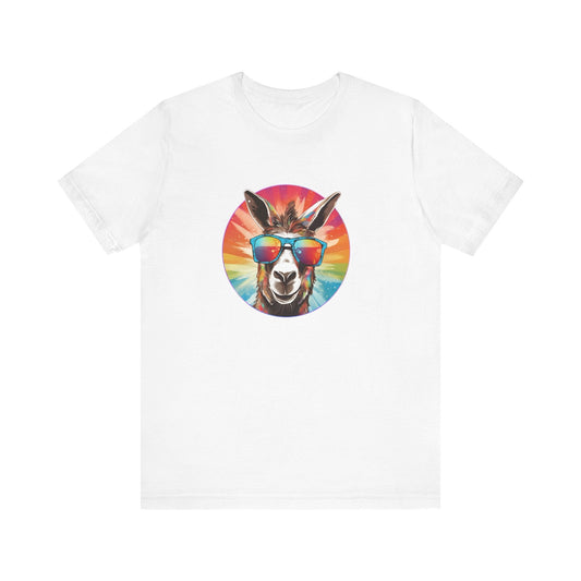 Rainbow donkey t-shirt with vibrant colors and playful design.