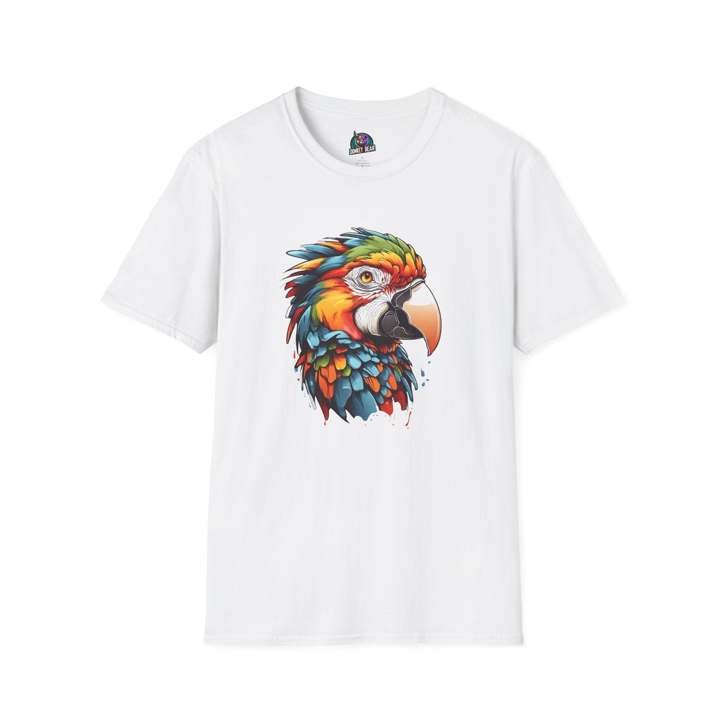 White T-shirt featuring a vibrant parrot design, showcasing bold tropical colors.