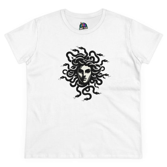 Woman's "Medusa’s Gaze" T-shirt with iconic Medusa design.