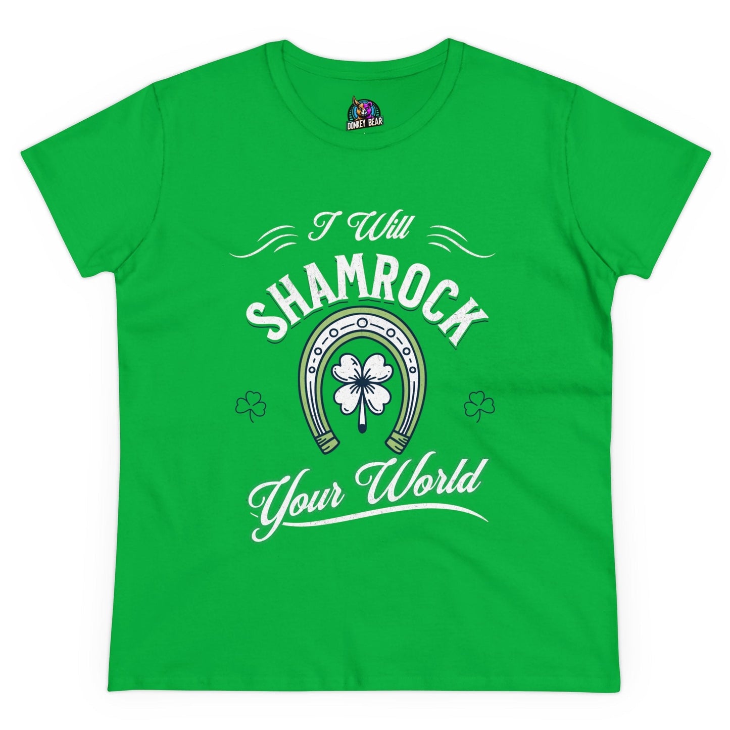 Green St. Patrick’s Day T-shirt with "I Will Shamrock Your World" design featuring a horseshoe and shamrock.