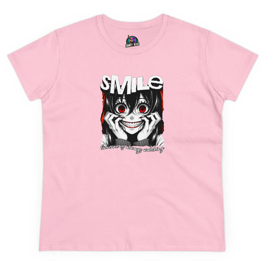 Creepy woman "Smile" T-shirt with chilling design for horror lovers.