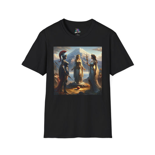 Black T-shirt featuring Greek mythology scene with golden apple, themed around the Trojan War's origin.