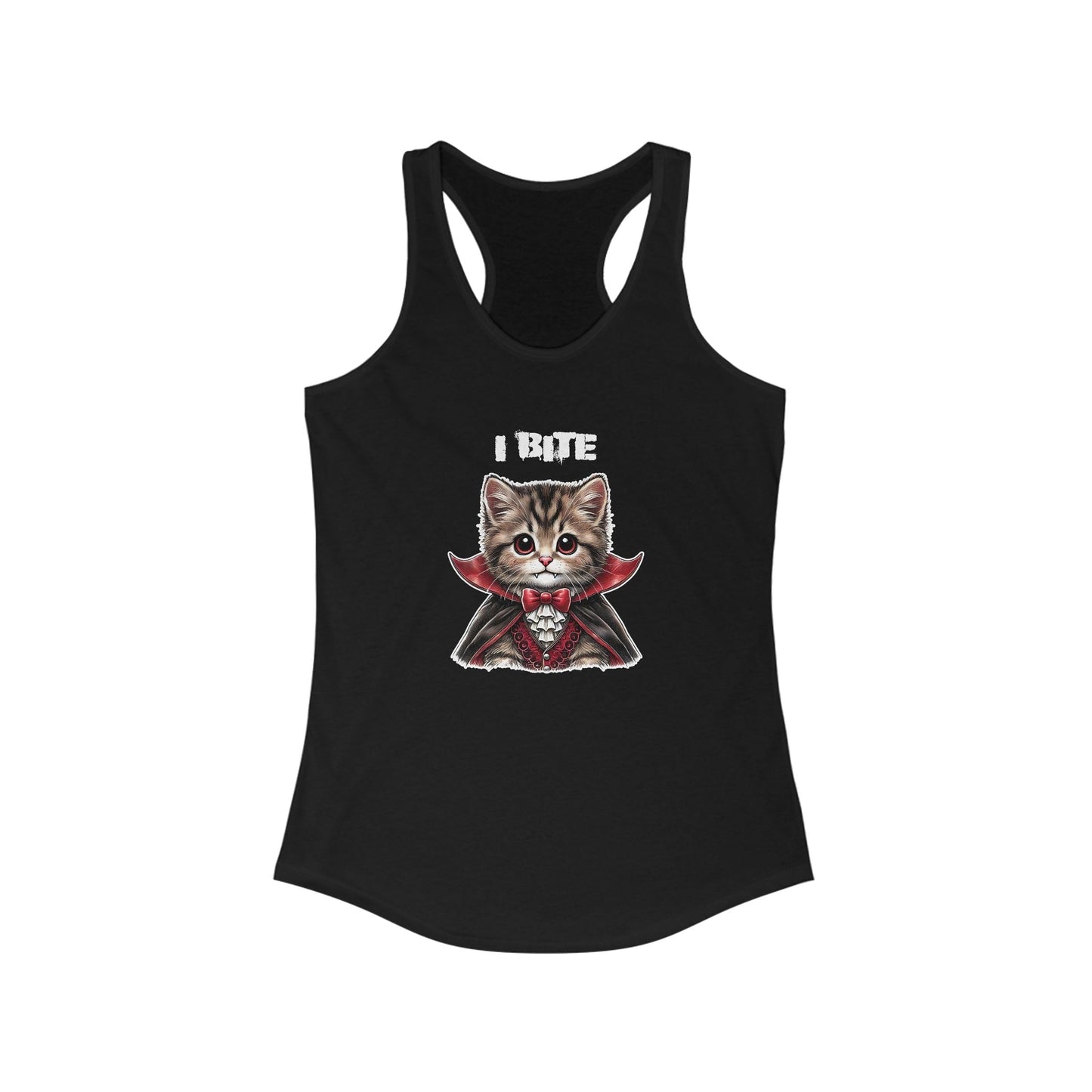 Black tank top featuring cute Dracula cat with "I Bite" text, perfect for Halloween and cat lovers.