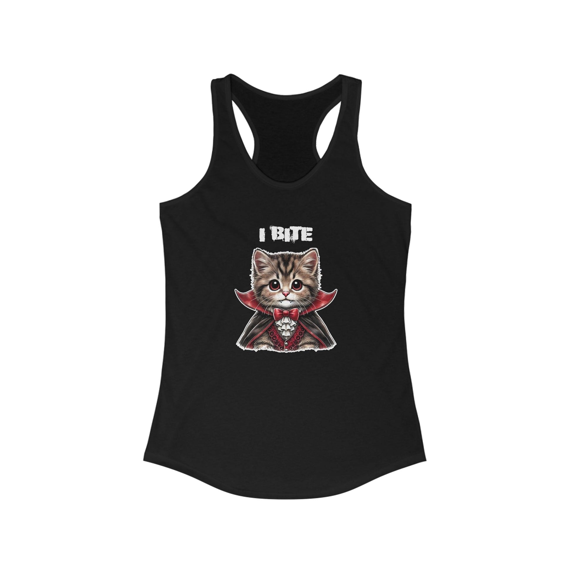 Black tank top featuring cute Dracula cat with "I Bite" text, perfect for Halloween and cat lovers.