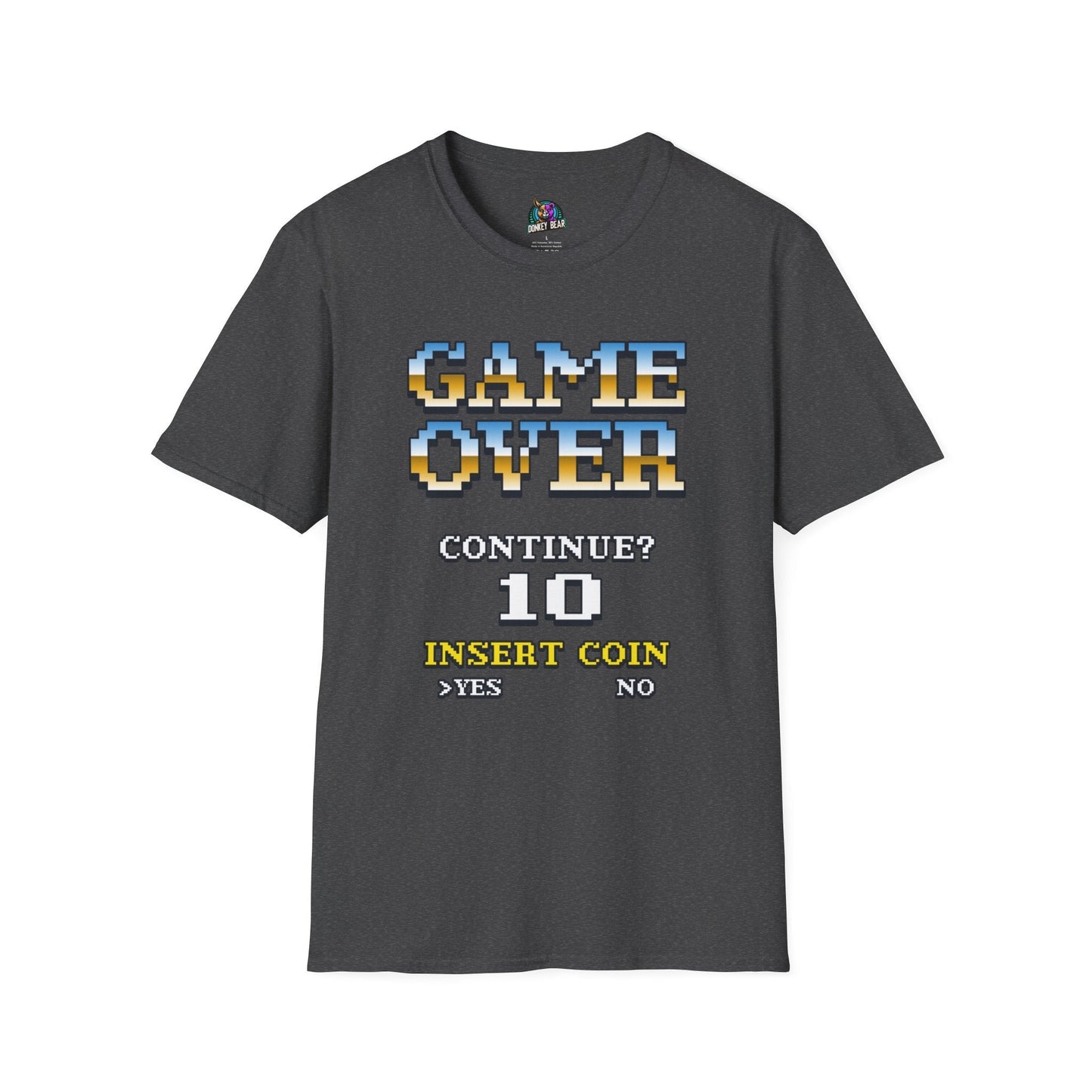 "Game Over" T-Shirt with retro gaming design featuring text "Continue? 10 Insert Coin Yes No" on a dark background.