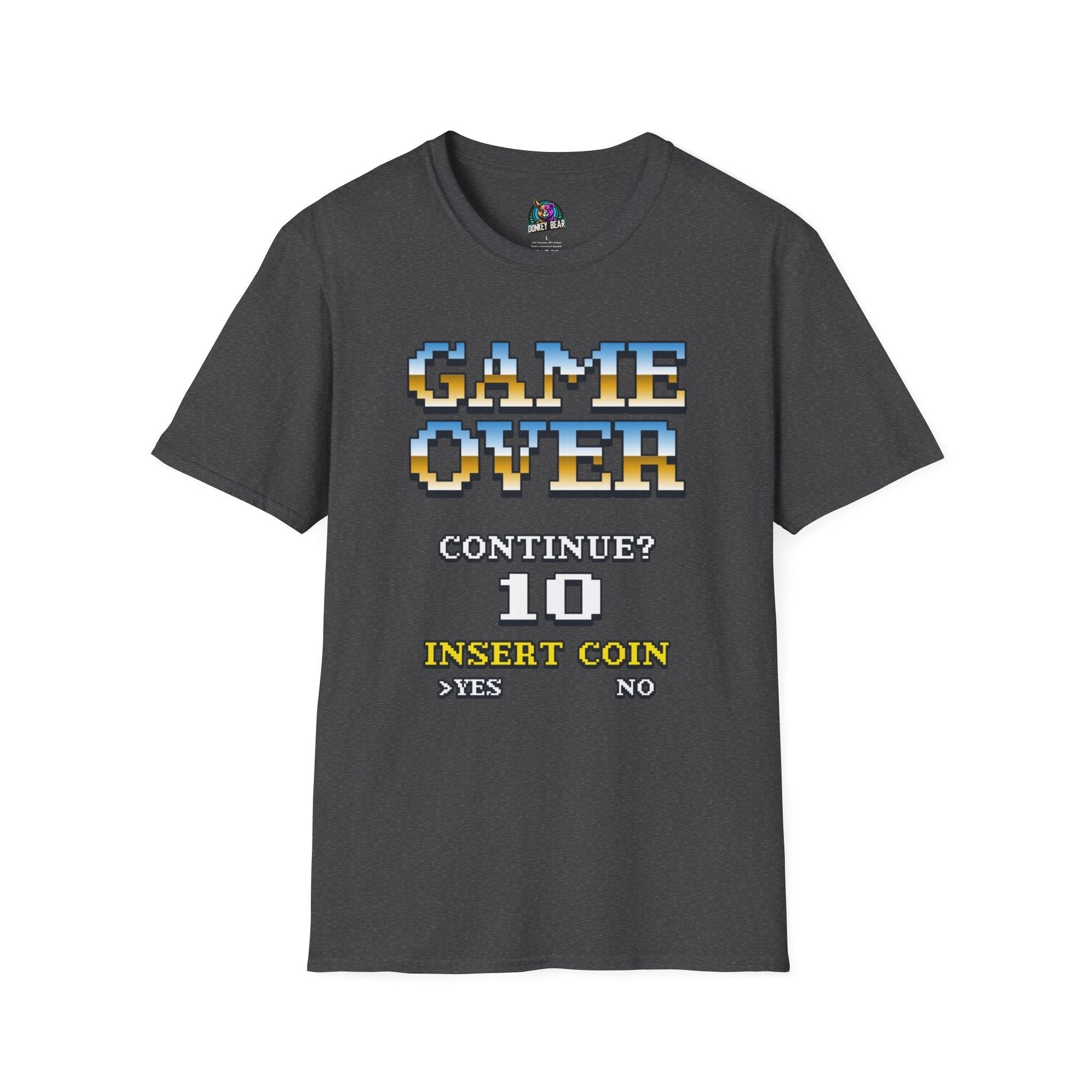 "Game Over" T-Shirt with retro gaming design featuring text "Continue? 10 Insert Coin Yes No" on a dark background.