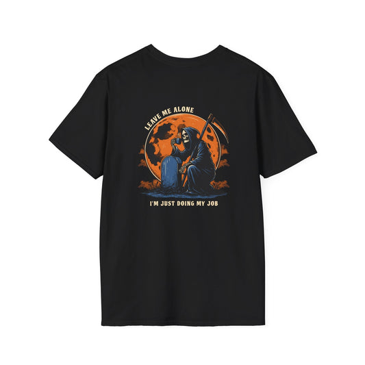 Black T-shirt featuring Grim Reaper illustration with "Leave Me Alone, I'm Just Doing My Job" text.
