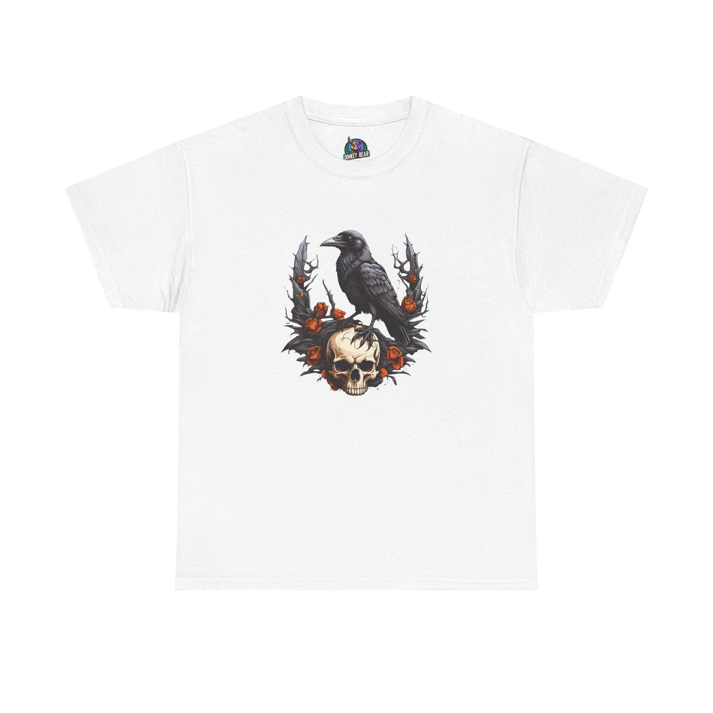 Raven perched on skull T-shirt with gothic design.