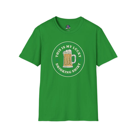 Green "This Is My Lucky Drinking Shirt" with beer mug graphic, perfect for St. Patrick's Day celebration.