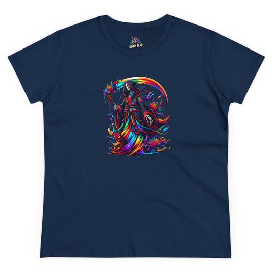 Rainbow Reaper T-Shirt with colorful Grim Reaper design.