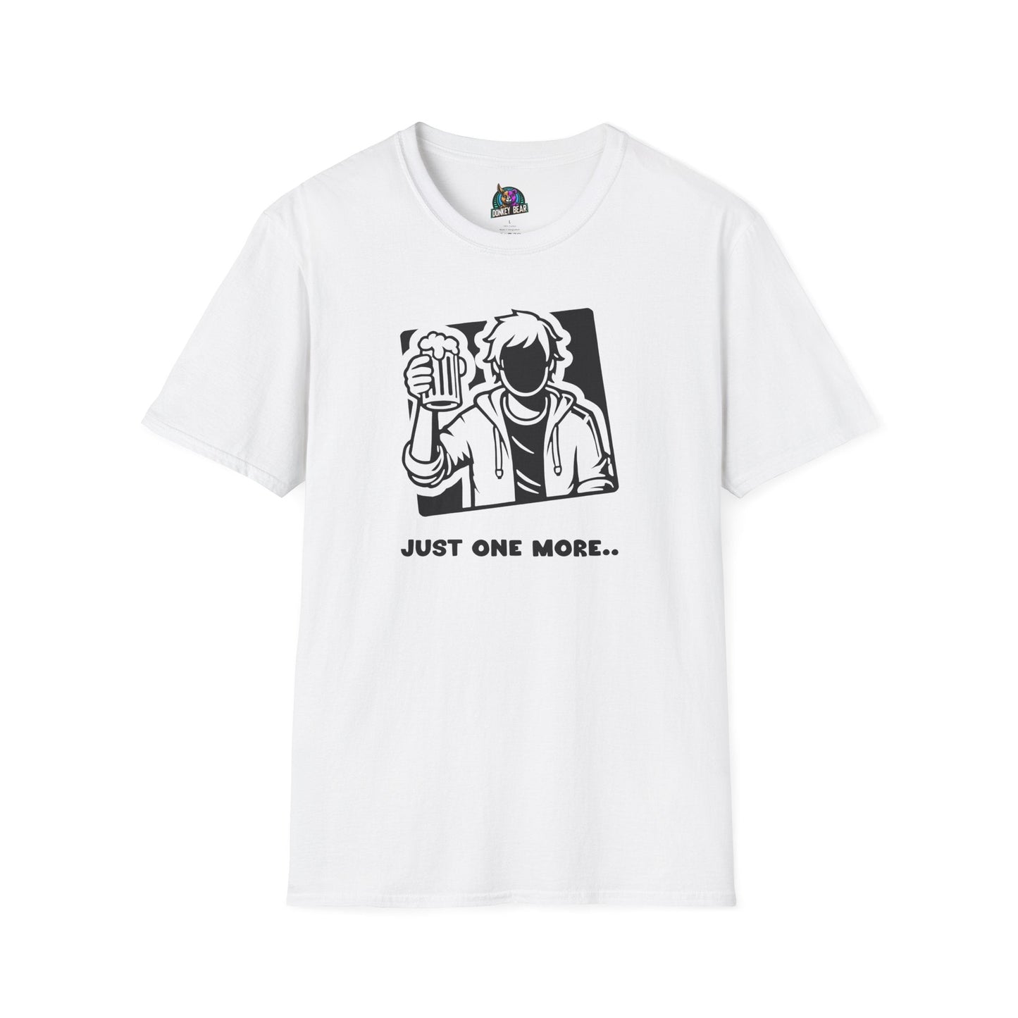 White "Just One More" T-shirt featuring drink design, perfect for party enthusiasts.