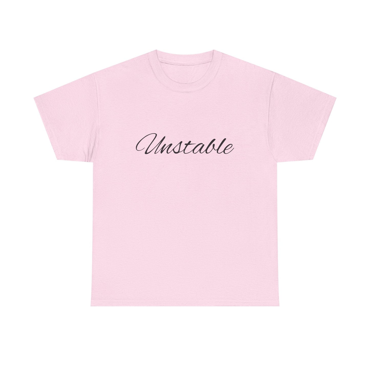Pink "Unstable" T-shirt with stylish typography.