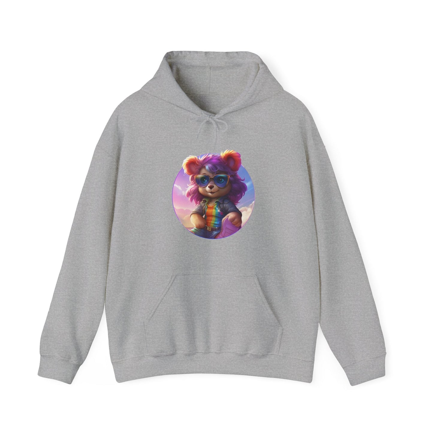Groovy Bear Hoodie with Rainbow Teddy Bear Design, Cozy and Colorful.